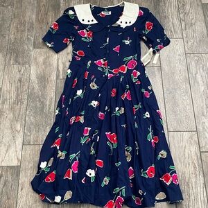 NWT Vintage 80s 90s Floral Tea Party Day Dress Size XL 13/14 Collar Garden